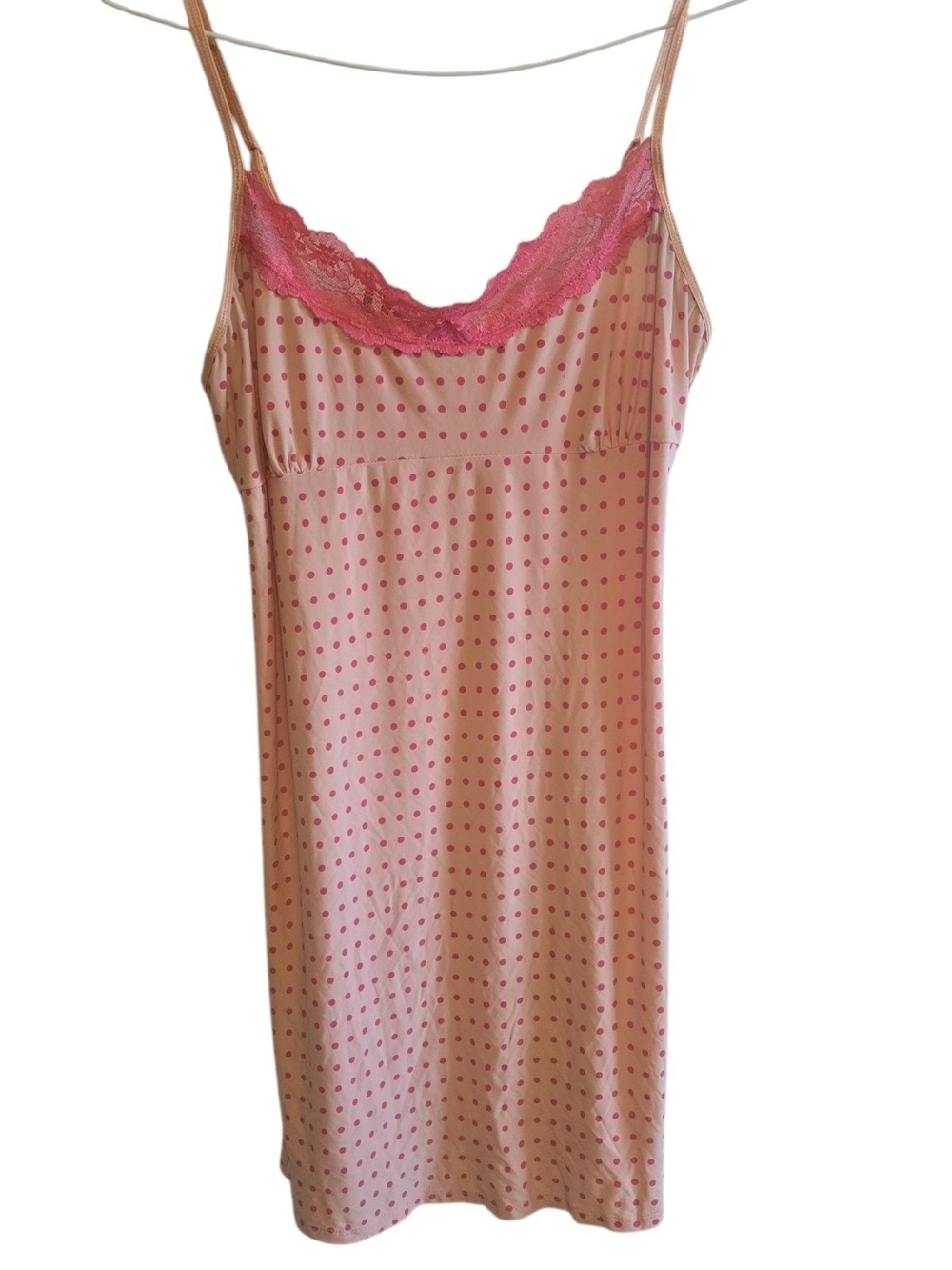 California Dynasty Pink Polka Dot Lace-Trim Slip Dress Nightgown Size M
